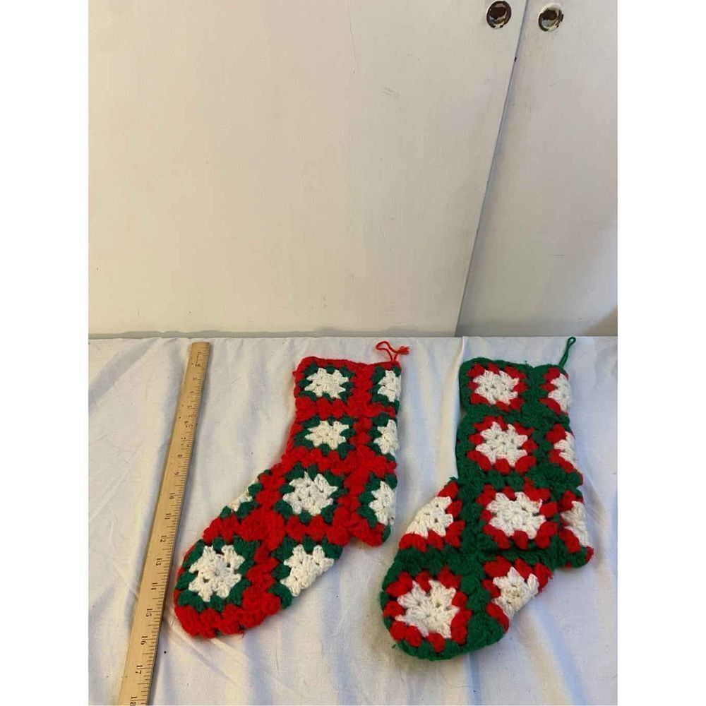 2 Vintage homemade crochet‎ Knit Christmas stocking red green colors